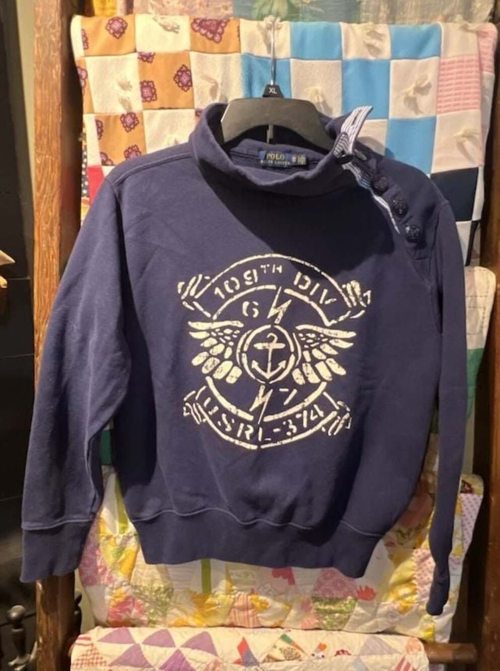 Polo Ralph Lauren Navy Blue Sweatshirt with 109th Div USRL-374 Graphic and Ancho
